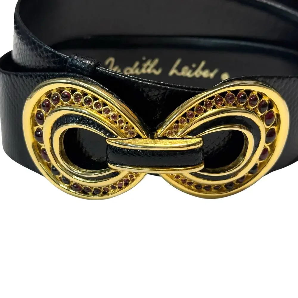 Judith Leiber Vintage Adjustable Belt w/ Interlocking Buckle - Black Leather